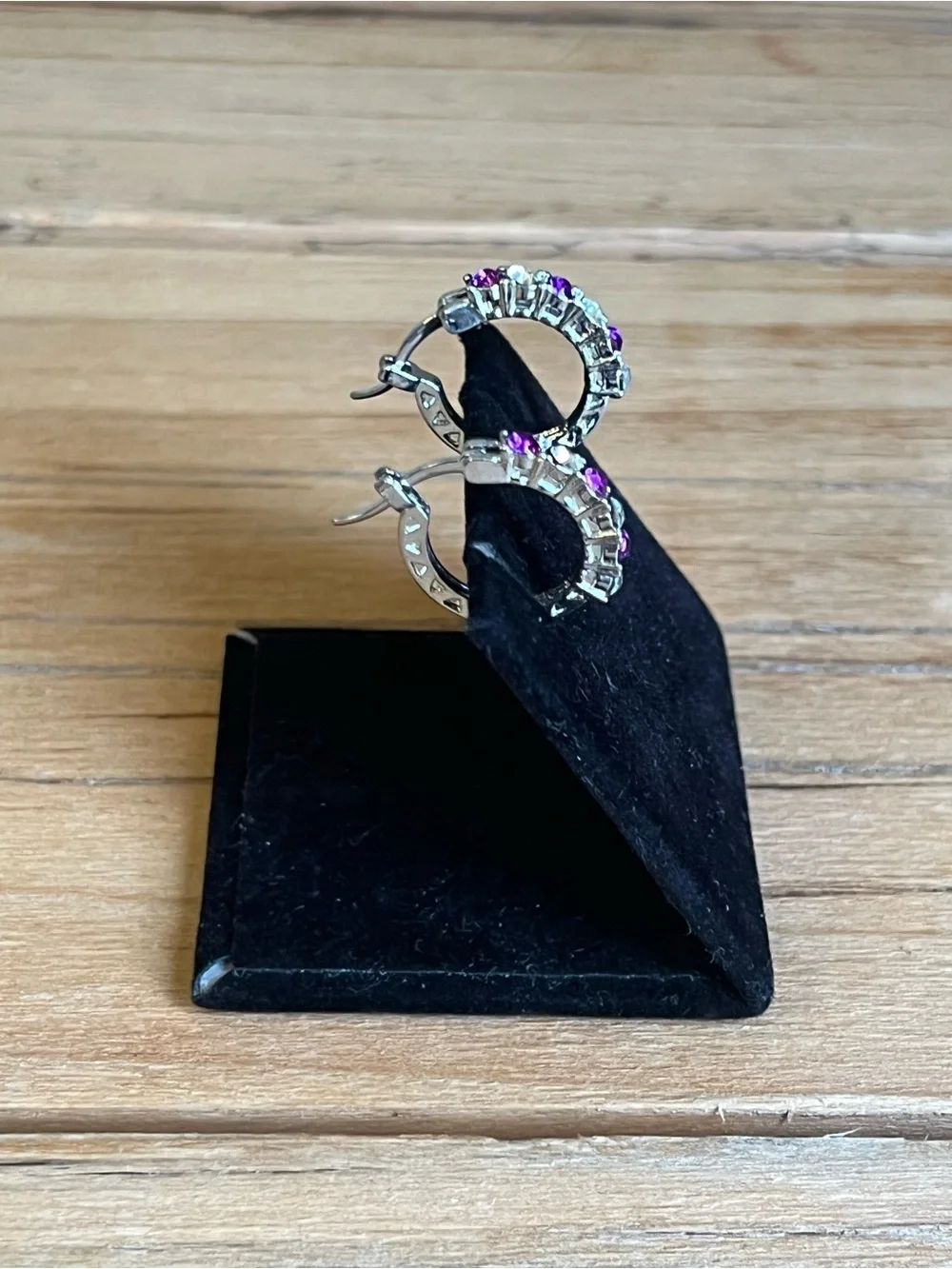 Silver Tone Hoop Earrings with Purple and Clear Stones - Women Jewelry